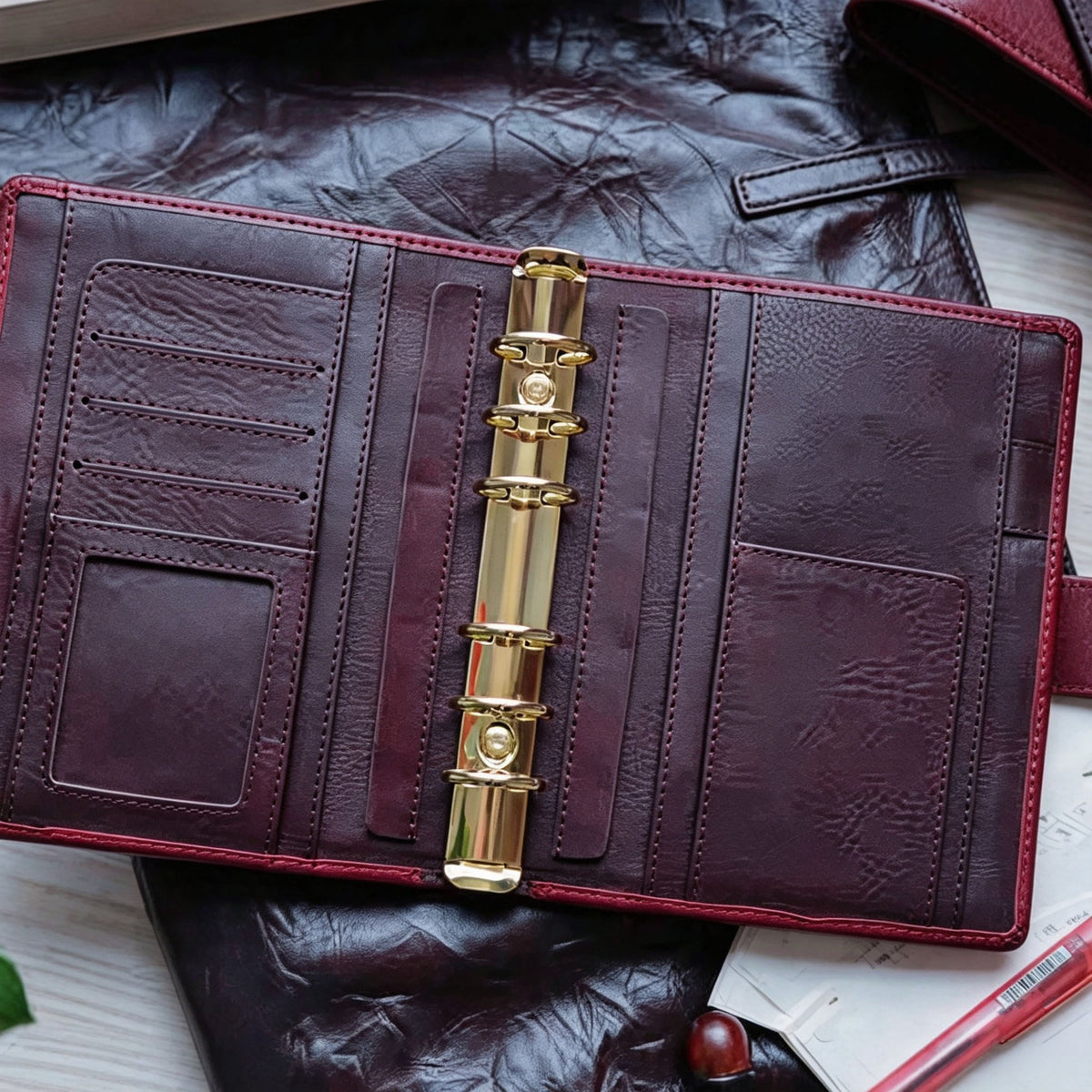 Full Grain Leather Binder A6 6-Ring Refillable Planner in Red and Coffee Travelers Journal Sketchbook with Customizable Engraving Journal