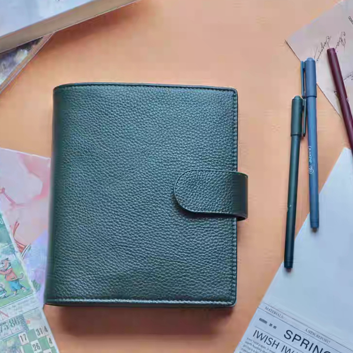 Full Grain Leather Planner A6 Personal Wide 6 Ring Refillable Binder in Green Travelers Journal Sketchbook with Custom Engraving