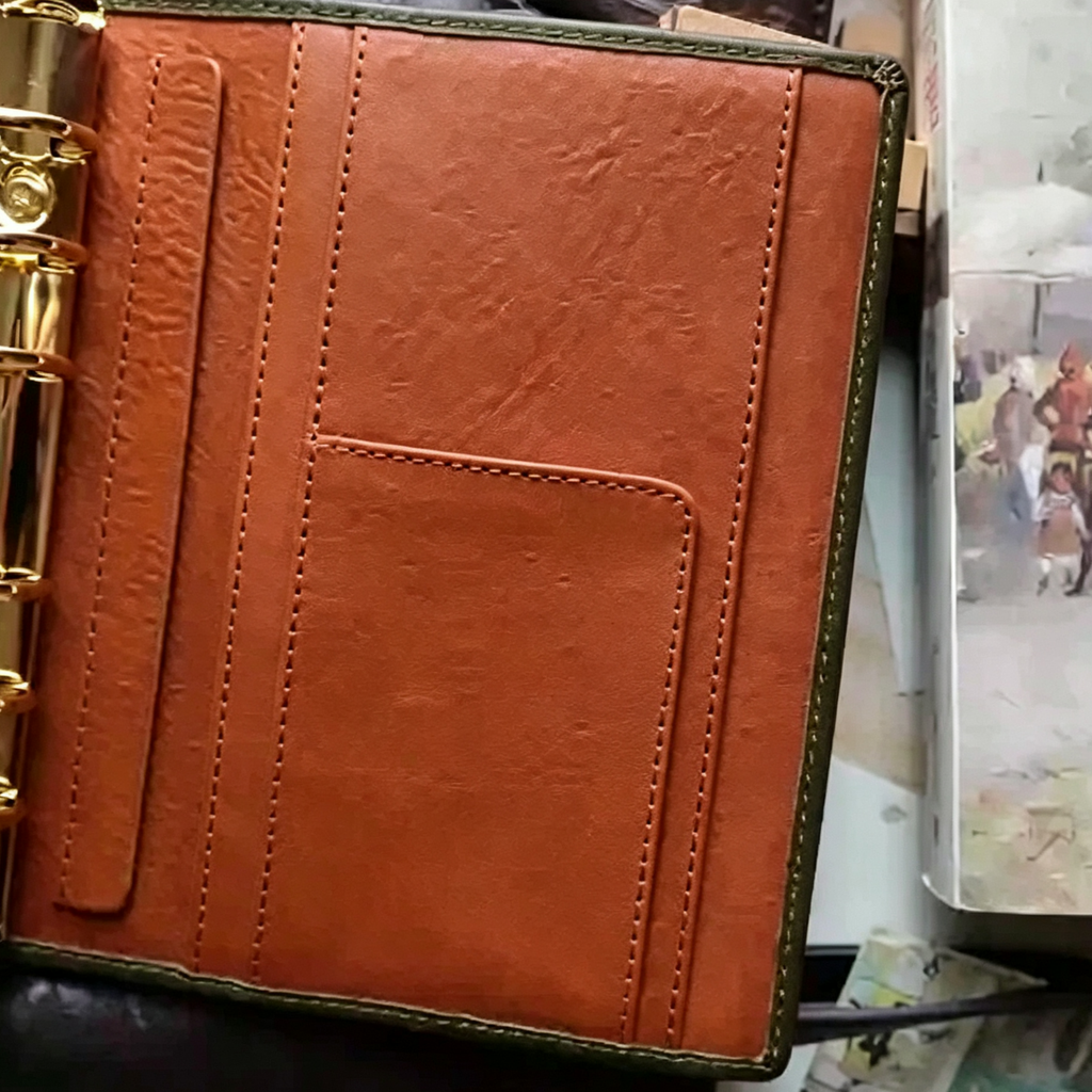 Full Grain Leather Binder A6 6-Ring Refillable Planner in Olive Green and Reddish Brown Travelers Journal Sketchbook with Custom Engraving