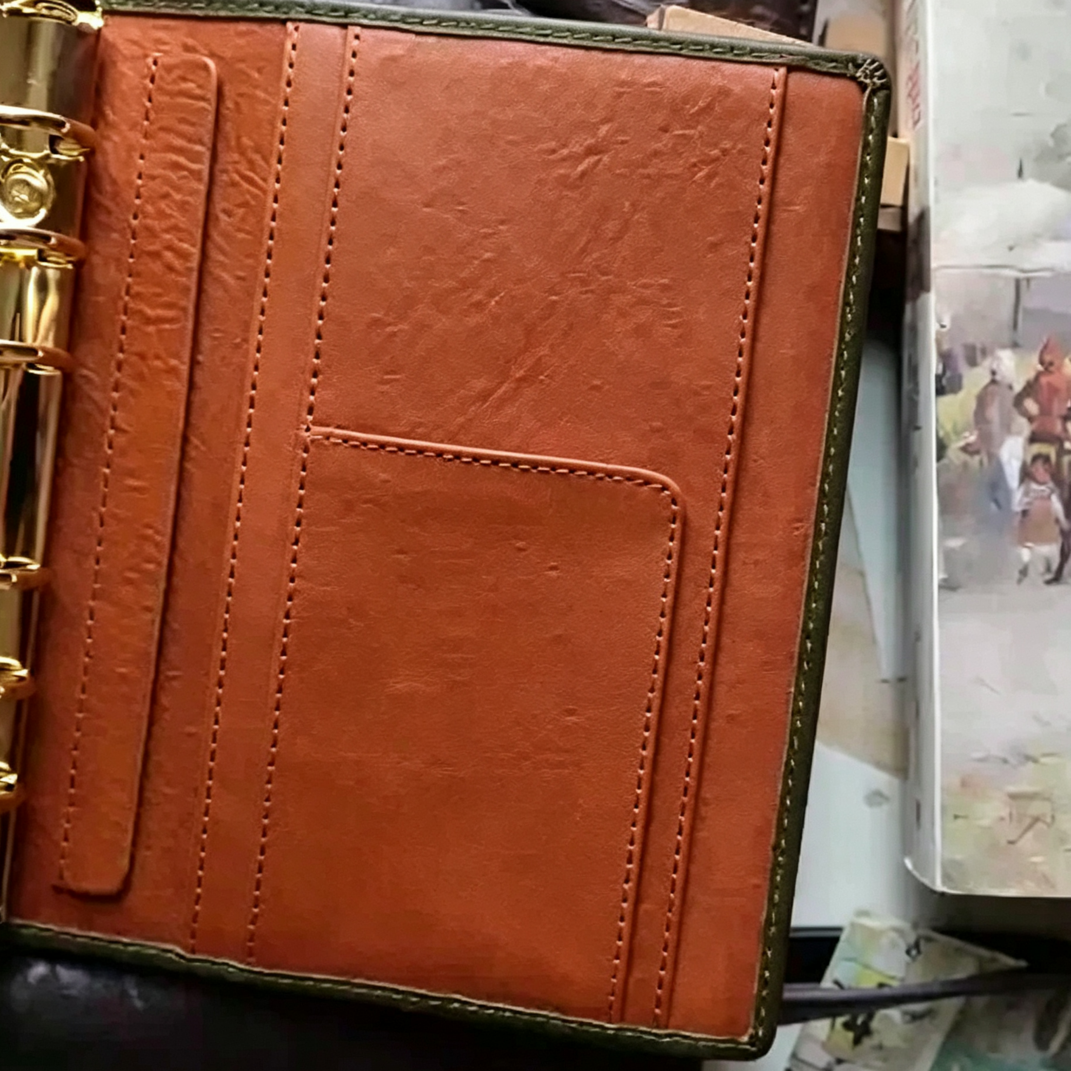 Full Grain Leather Binder A6 6-Ring Refillable Planner in Olive Green and Reddish Brown Travelers Journal Sketchbook with Custom Engraving