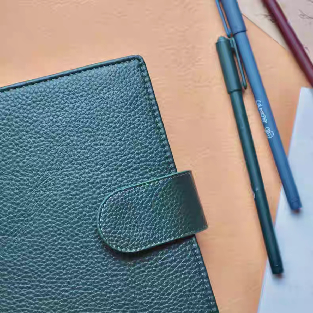 Full Grain Leather Planner A6 Personal Wide 6 Ring Refillable Binder in Green Travelers Journal Sketchbook with Custom Engraving
