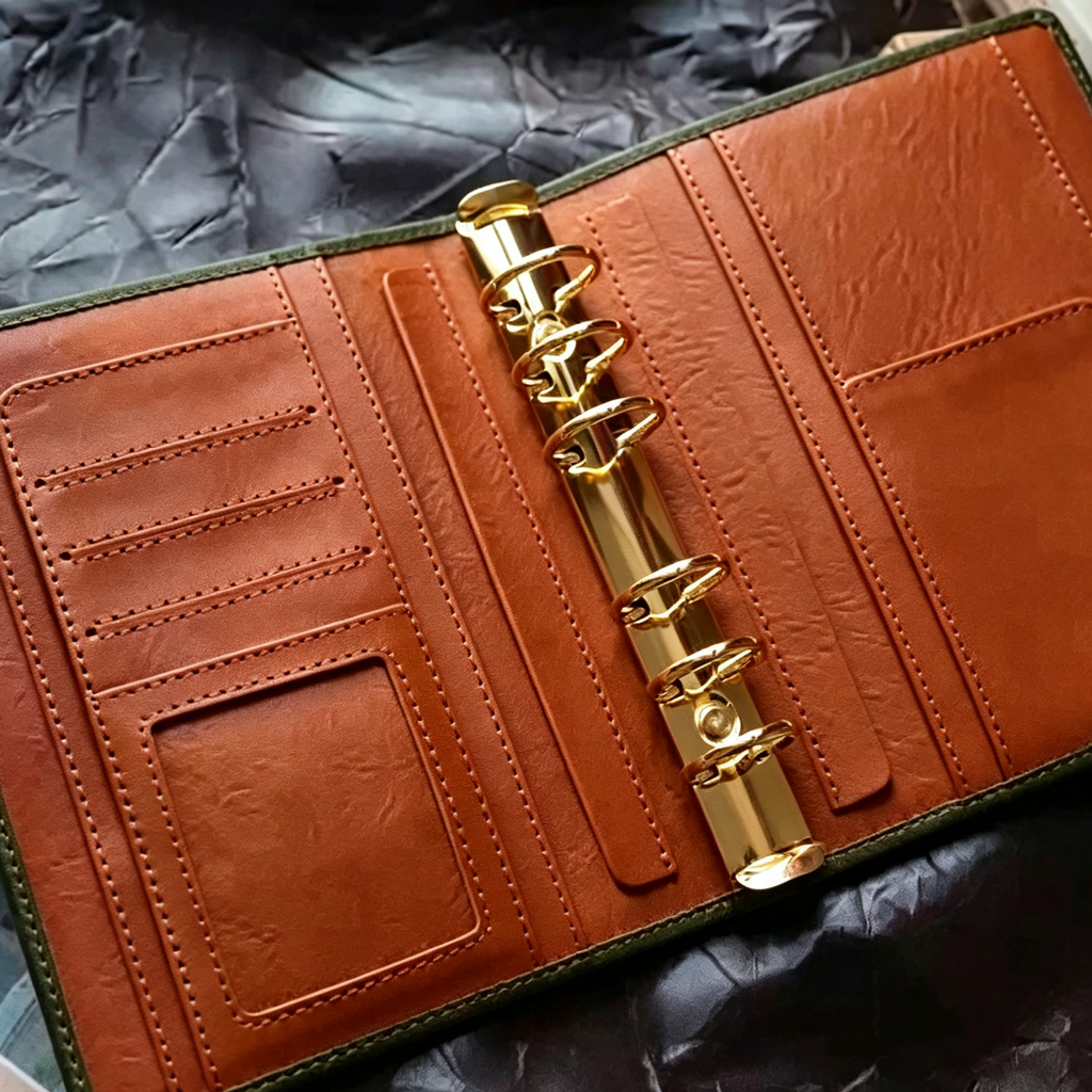 Full Grain Leather Binder A6 6-Ring Refillable Planner in Olive Green and Reddish Brown Travelers Journal Sketchbook with Custom Engraving