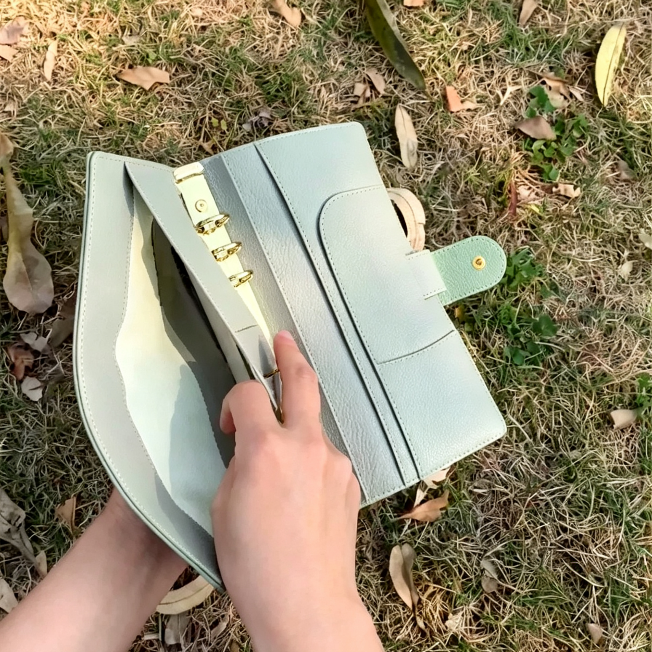 Full Grain Leather Planner A5s/puo 6 Ring Refillable Binder in Mint and Grey Travelers Journal 20 Ring Sketchbook with Custom Engraving