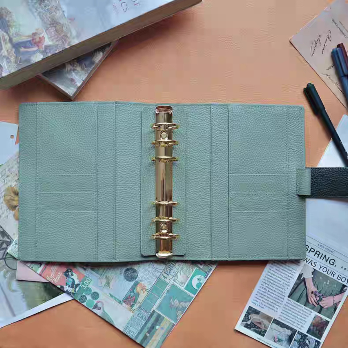 Full Grain Leather Planner A6 Personal Wide 6 Ring Refillable Binder in Green Travelers Journal Sketchbook with Custom Engraving