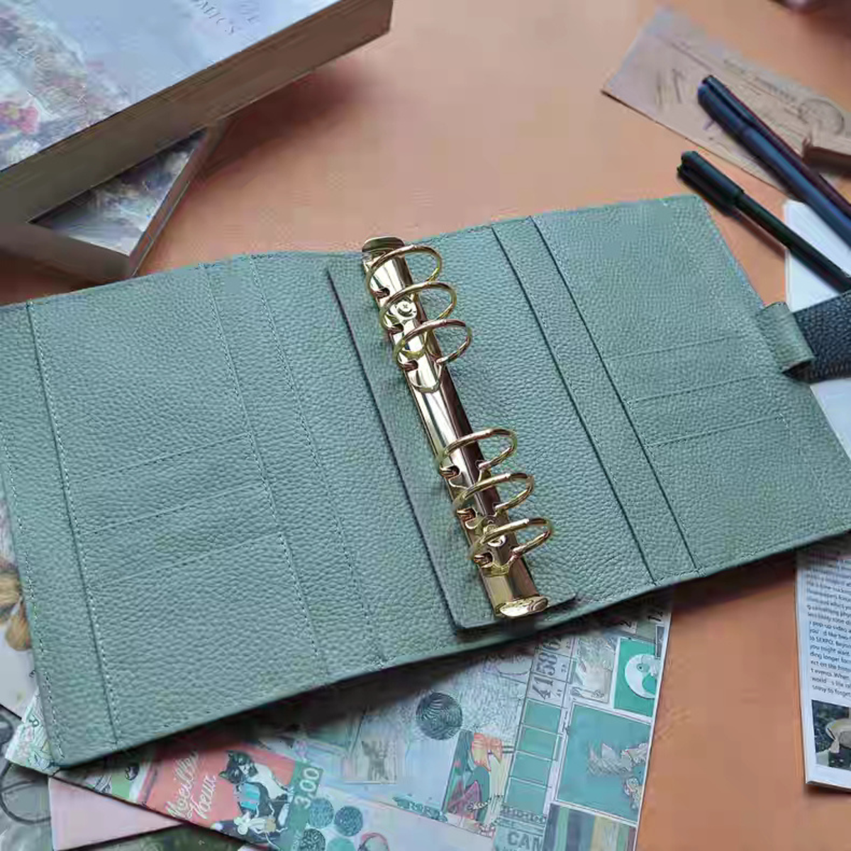Full Grain Leather Planner A6 Personal Wide 6 Ring Refillable Binder in Green Travelers Journal Sketchbook with Custom Engraving