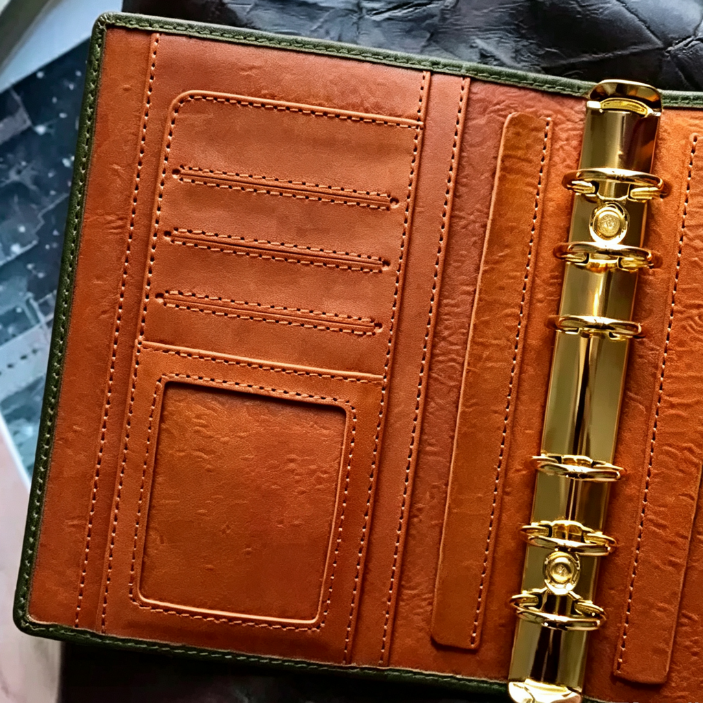 Full Grain Leather Binder A6 6-Ring Refillable Planner in Olive Green and Reddish Brown Travelers Journal Sketchbook with Custom Engraving