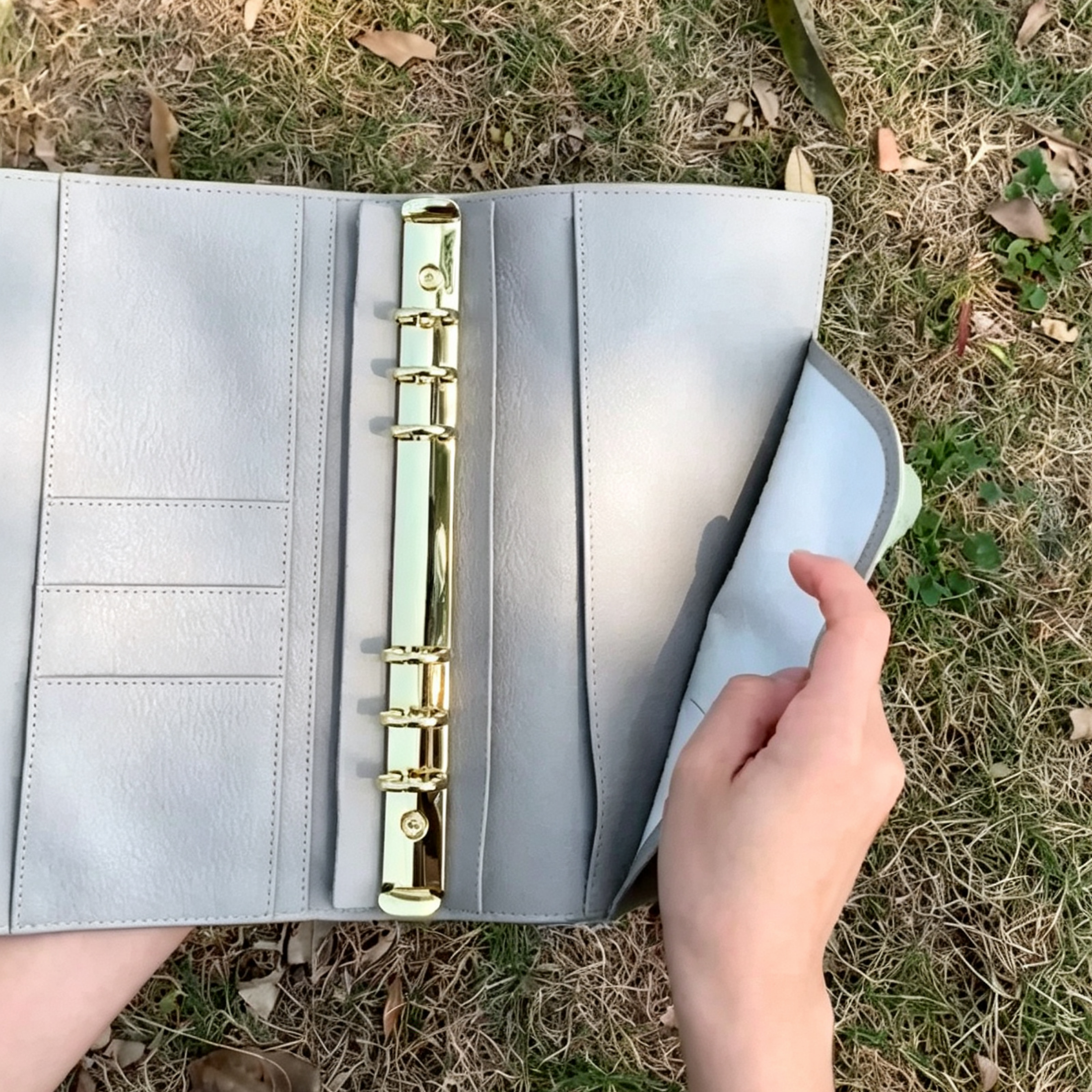 Full Grain Leather Planner A5s/puo 6 Ring Refillable Binder in Mint and Grey Travelers Journal 20 Ring Sketchbook with Custom Engraving
