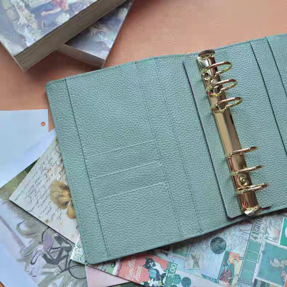 Full Grain Leather Planner A6 Personal Wide 6 Ring Refillable Binder in Green Travelers Journal Sketchbook with Custom Engraving