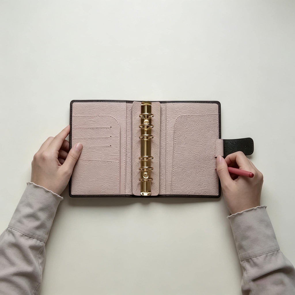 Vollnarbenleder-Binder A6, 6-Ring-Nachfüllplaner, Reisetagebuch, Skizzenbuch mit individueller Gravur